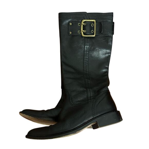 Coach Victoria Black Leather Riding Boots Brass Buckles Size 6.5 Minimalist - Picture 2 of 13